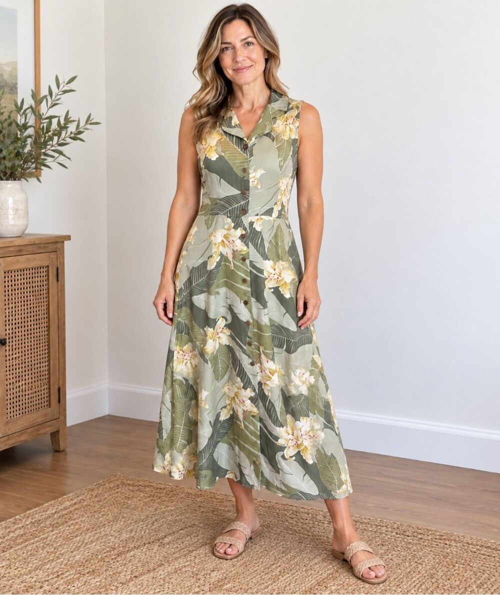 Tommy Bahama Vintage Silk Tropical Floral Button Front Midi Dress Green S